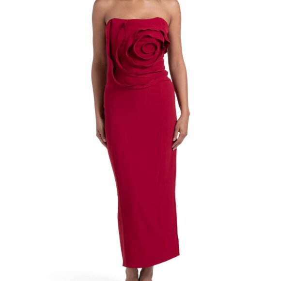 Dalia Macphee Red Strapless 3d Floral Midi Gown - Picture 1 of 3